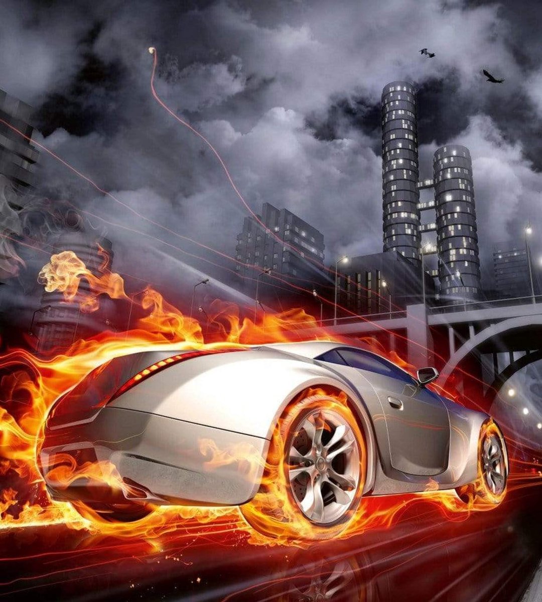 Fotobehang - Car in Flames 225x250cm - Vliesbehang