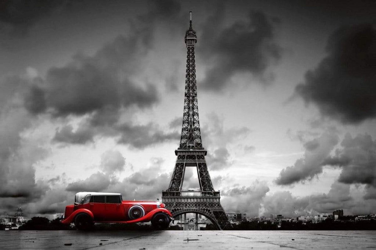Fotobehang - Retro Car in Paris 375x250cm - Vliesbehang