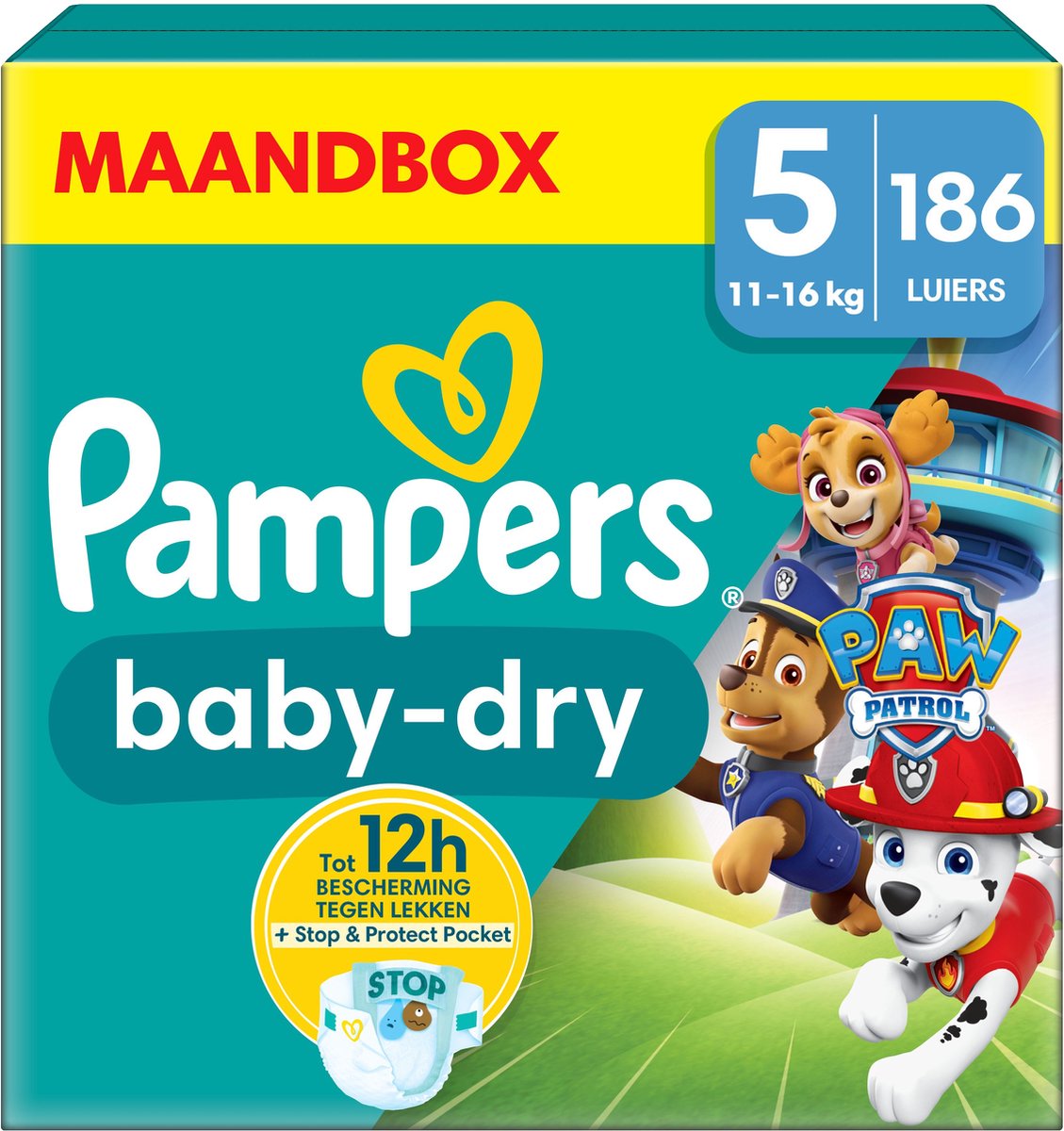 Pampers Baby-Dry - Paw Patrol-editie - Maat 5 (11kg-16kg) - 186 Luiers - Maandbox - Pampers