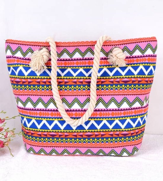 Strandtas - met rits - Zigzag roze/blauw - Beachbag - Schoudertas - Tas - Bag - Shopper