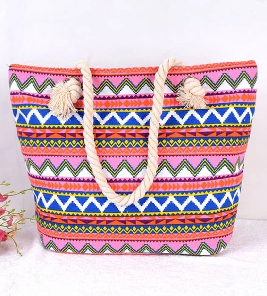 V&P Strandtas - met rits - Zigzag roze/blauw - Beachbag - Schoudertas - Tas - Bag - Shopper