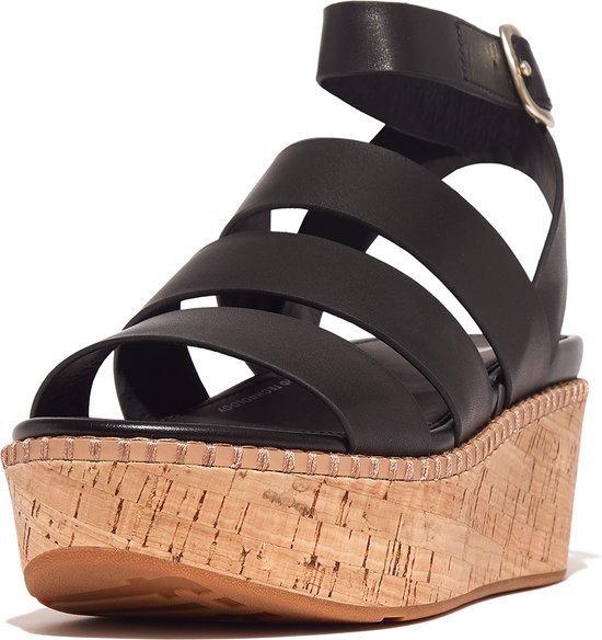FitFlop Eloise Leather/Cork Strappy Wedge Sandals ZWART - Maat 36