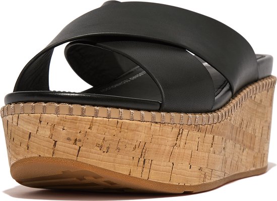 FitFlop Eloise Leather/Cork Wedge Cross Slides ZWART - Maat 40