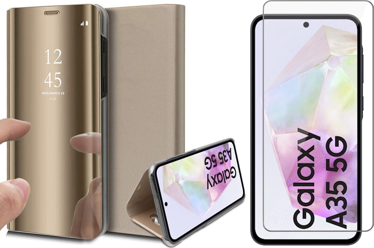 Hoesje geschikt voor Samsung Galaxy A35 - Screenprotector Glas - Spiegel Book Case Goud