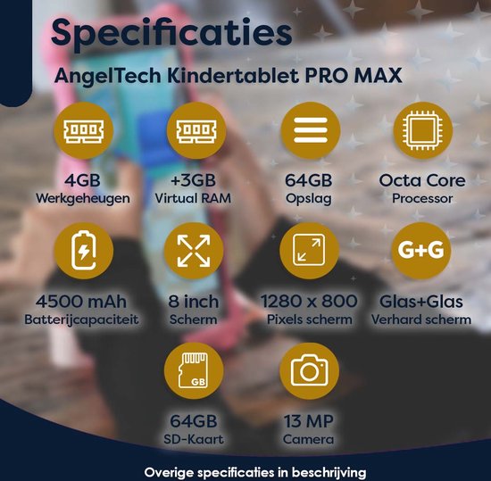 AngelTech Kindertablet PRO MAX - 4+3GB RAM - 64+64 GB - Android 14 - Snelle 8 Inch Kindertablet - Vanaf 3 Jaar - Perfect Voor School - Ouderlijk Toezicht - Ook Voor Volwassenen - 360° Fidgy Beschermhoes - Blauw