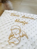 Personalized white baby blanket with an angel and dedication embroidered