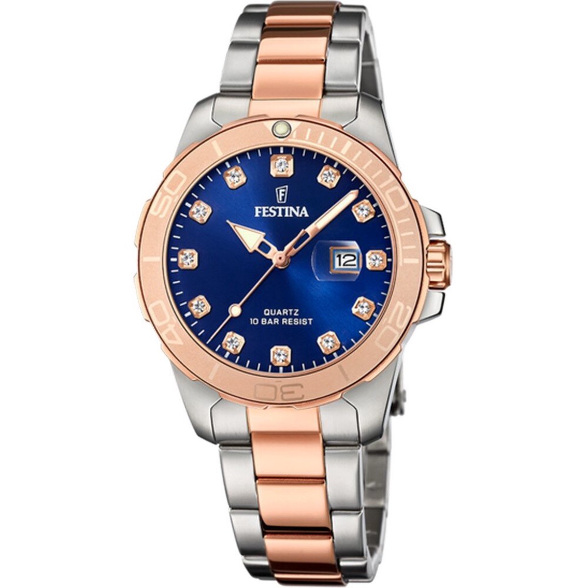 Festina F20505-3 Dames Horloge - Mineraalglas - Roestvrijstaal-Staal - Brons - Ø 34.5 mm - Quartz - Vouw-Vlindersluiting - 10 ATM (zwemmen)