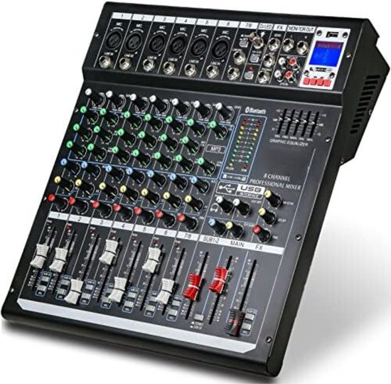 Live mengpaneel mixer professionele 8 kanalen stereo geluid mengpaneel Bluetooth USB opname computerweergave fantoomvoeding USB digitale audio mixer versterker zwart