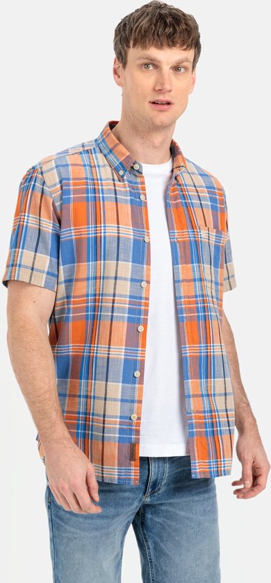 camel active Shirt met korte mouwen en ruitpatroon - Maat menswear-XXL - Blauw-Oranje