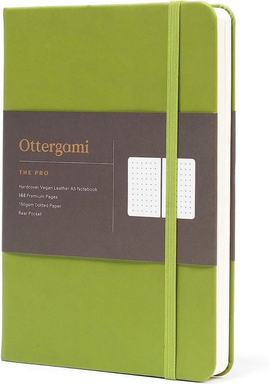Ottergami Notitieboek A5 - Notebook Journal met Puntjes - Hoogwaardig Dik Papier 150g/m² - 144 pagina’s - Bullet Journal Groen Dagboek - Vegan Lederen Kaft Green - Hardcover - Back To School
