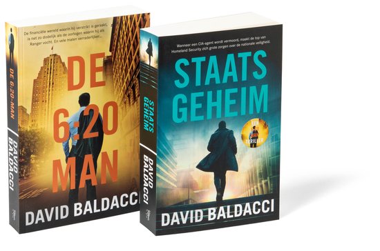 Twee boeken naast elkaar. Op de voorgrond een boek met de titel 'De 6:20 man' en op de achtergrond een boek met de titel 'STAATS GEHEIM'. Beide boeken hebben een afbeelding van een man in een lange jas.