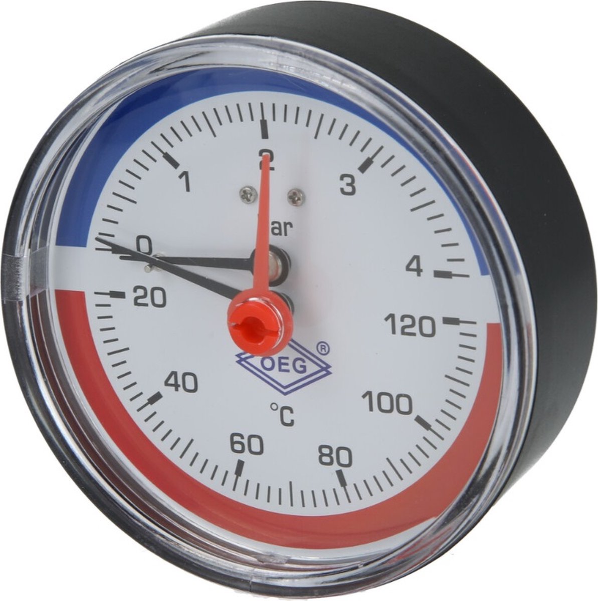 Thermo-Manometer Verwarming 0-4bar, 20-120°C, 80mm, axiaal 1/2