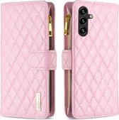 Telefoonhoesje geschikt voor Samsung Galaxy A55 - Portemonnee met rits - book-case hoesje - ruimte voor 9 pasjes - roze ruit