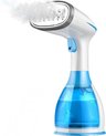 Handkledingstomer met witte en blauwe behuizing, blauw waterreservoir en stoom uit de kop.