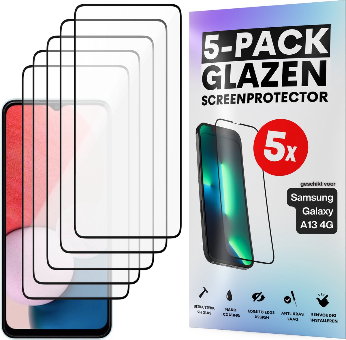 Screenprotector - Geschikt voor Samsung Galaxy A13 4G - Gehard Glas - Full Cover Tempered Glass - Case Friendly - 5 Pack