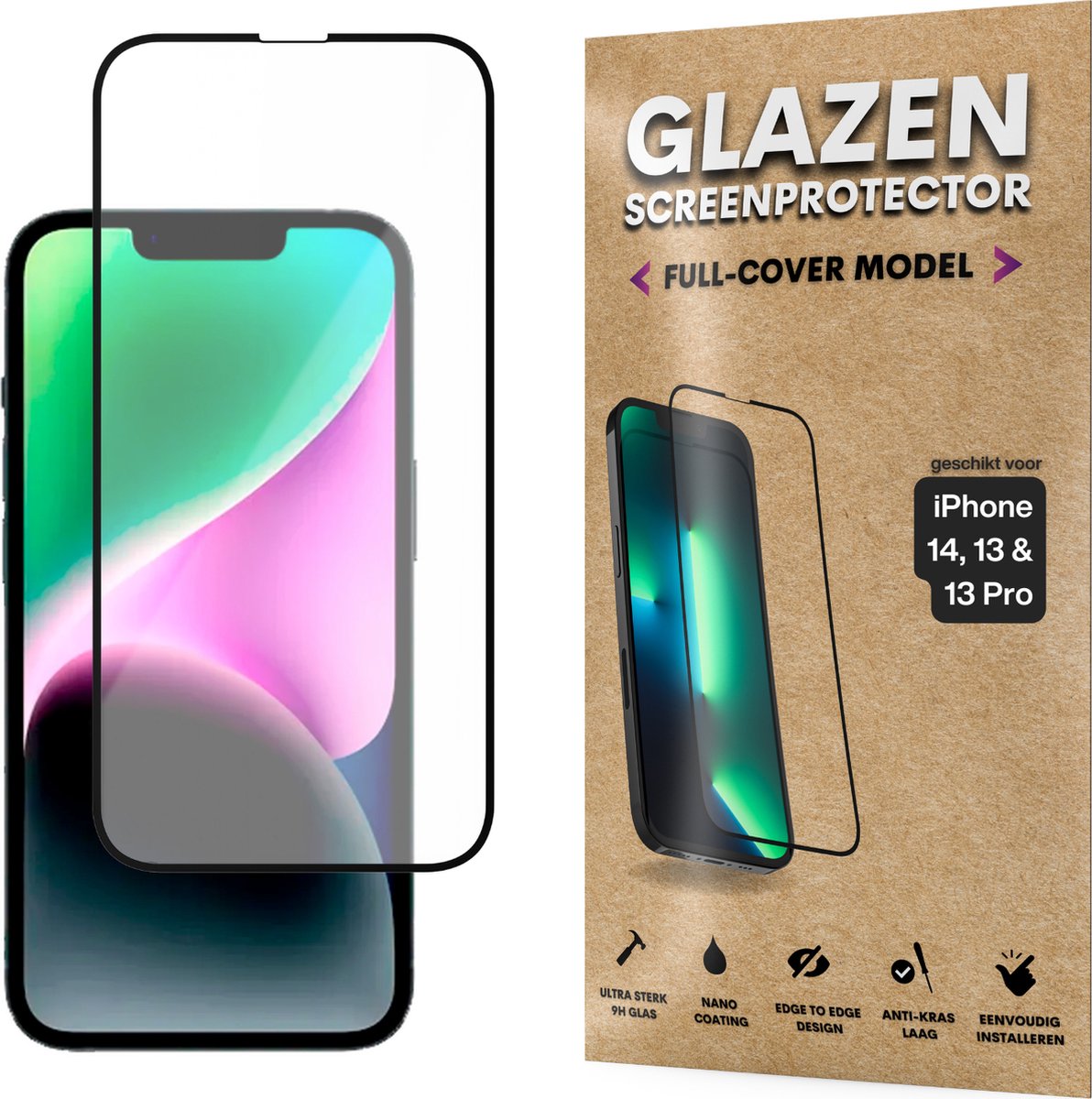 Screenprotector - Geschikt voor iPhone 14 / 13 / 13 Pro - Gehard Glas - Full Cover Tempered Glass - Case Friendly