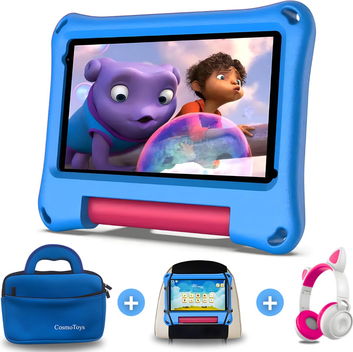 CosmoToys® Kids Tablet - Incl. Koptelefoon + Luxe Opbergtas + Tablethouder Auto - Kindertablet - Tablet Kinderen - Vanaf 3 Jaar - 7 Inch - Android 11 - Ouderlijk Toezicht - 3000 mAh - Blauw