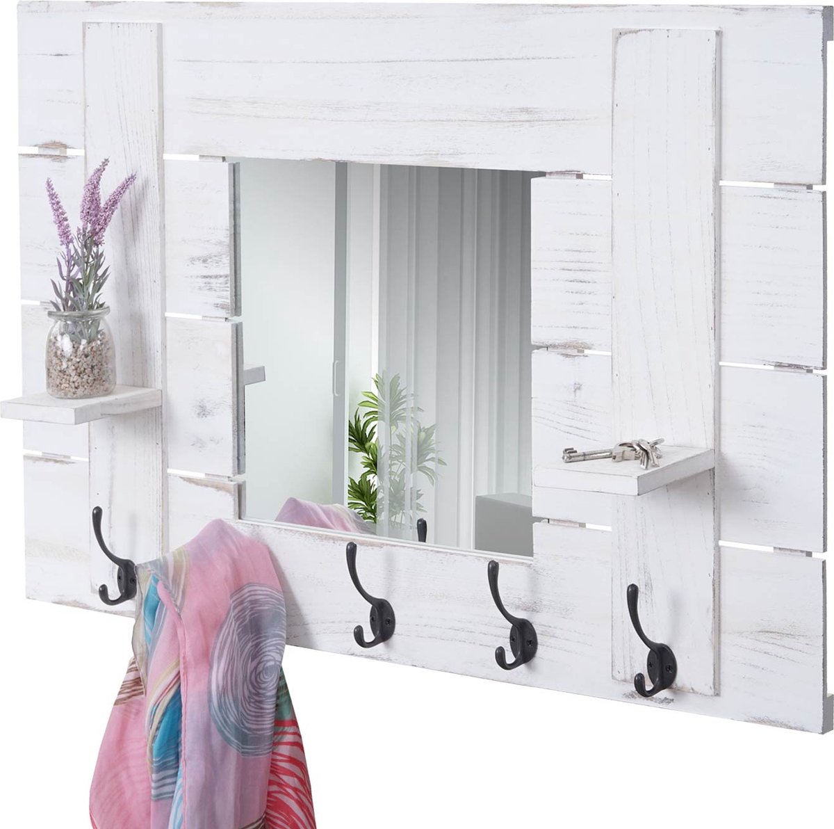 Cosmo Casa Wandkapstok - Met spiegel - Kapstokpaneel - Shabby vintage look - 5 haken 90x60cm - Wit - Shabby