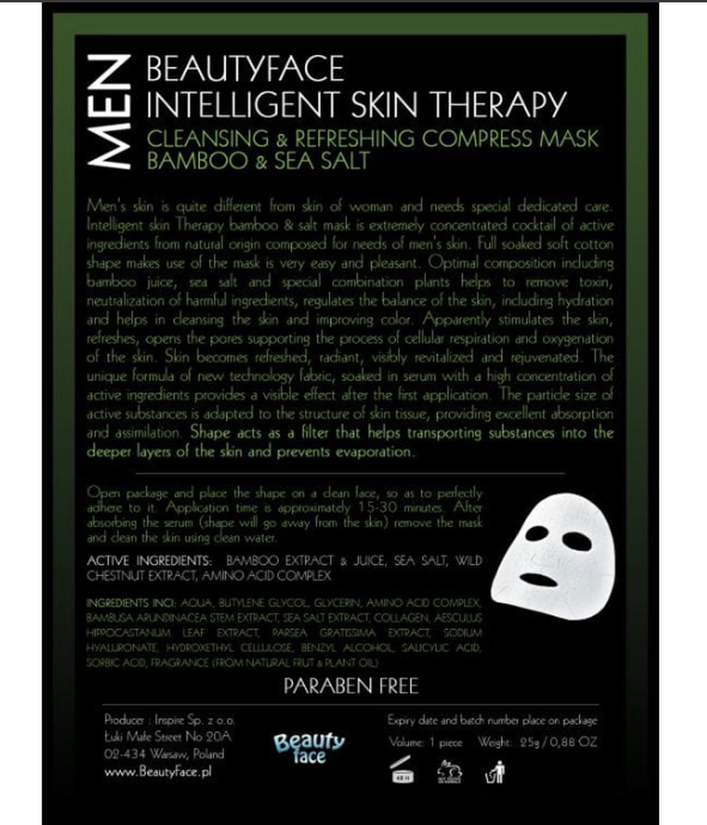 Beauty Face - Reinigings masker - Man - Cleansing - Refreshing - Skin booster - Sheet Mask - Bamboe - Zee Zout -