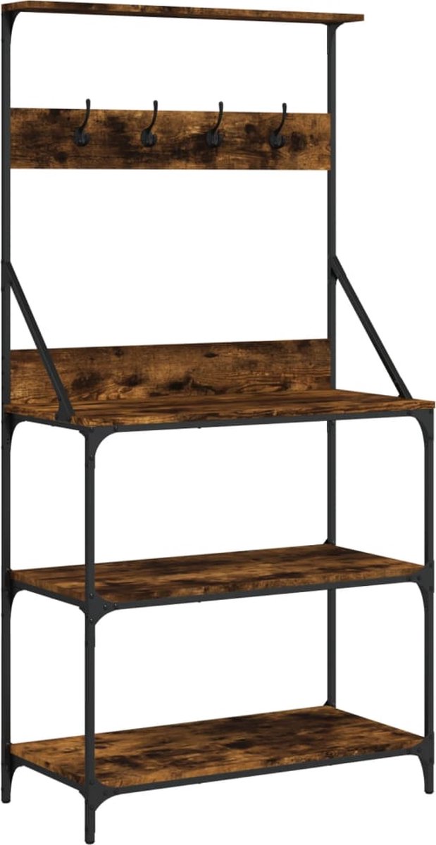 vidaXL - Bakkersrek - met - haken - 4-laags - bewerkt - hout - gerookt - eikenkleurig