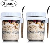Fit&Shape 2x overnight oats potjes 350ml (van glas) inclusief 2 lepels, weckpot luchtdichte glazenbekers ideaal voor havermout, fruit, yoghurt (luchtdichte) voor ontbijt en/als snoeppot