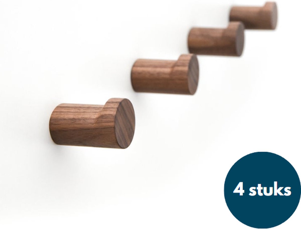 Houten Kapstokhaken - Walnoot - 4 Stuks - Ophanghaken - Handdoekhaken - Jashaken