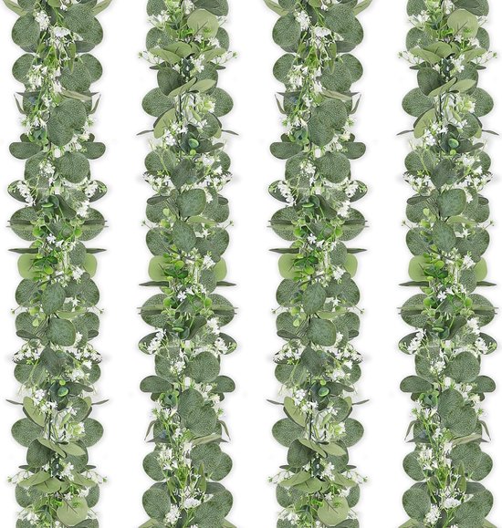 4 stuks slinger eucalyptus kunstmatig met witte bloemen zilveren dollar slinger groene kunstmatige plant hangplant tafelloper eucalyptus voor achtergrond bruiloft decoratie tafeldecoratie