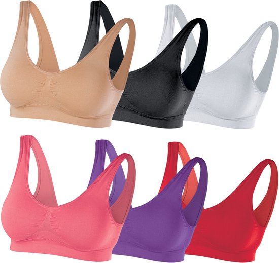Set van zes sportbeha's in huidkleur, zwart, wit, roze, paars en rood. Elastisch materiaal met brede bandjes.