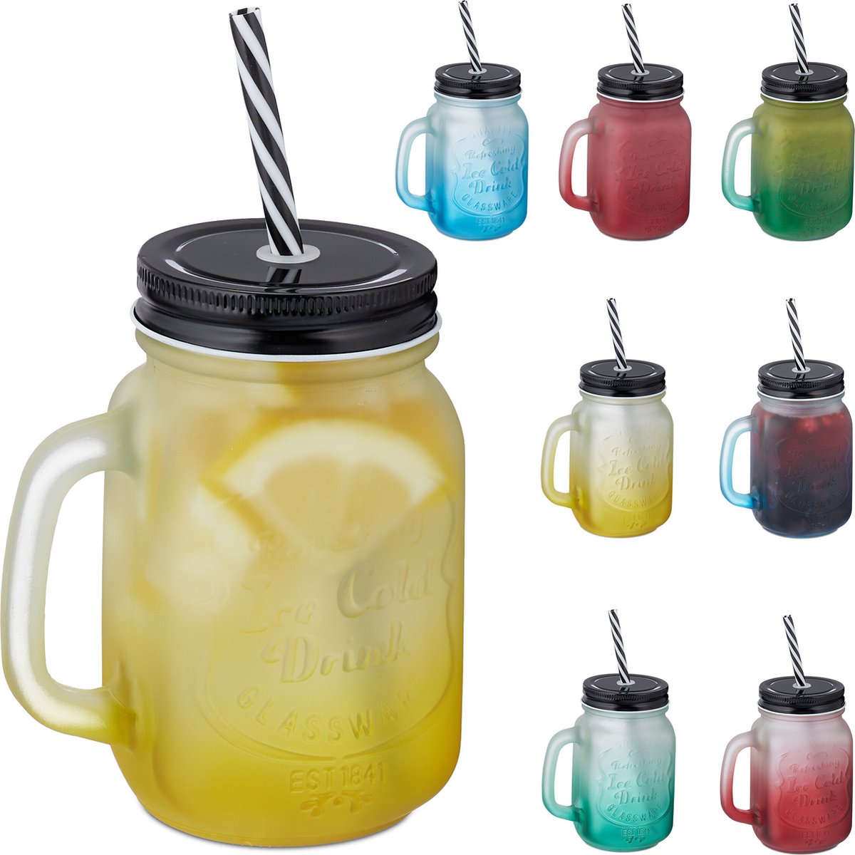 drinkglazen met rietje en deksel - set van 8 - 400 ml - limonaglazen - glas