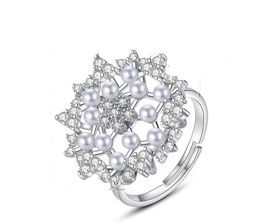 N3 Collecties Verstelbare geometrische bloem imitatie parels Zirkonia open ringen voor dames