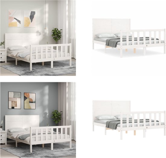 vidaXL Bedframe met hoofdbord massief hout wit 140x200 cm - Bedframe - Bedframes - Bed - Tweepersoonsbed
