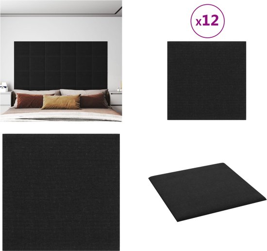 vidaXL Wandpanelen 12 st 1-08 m² 30x30 cm stof zwart - Wandpaneel - Wandpanelen - Wanddecoratie - Wandversiering