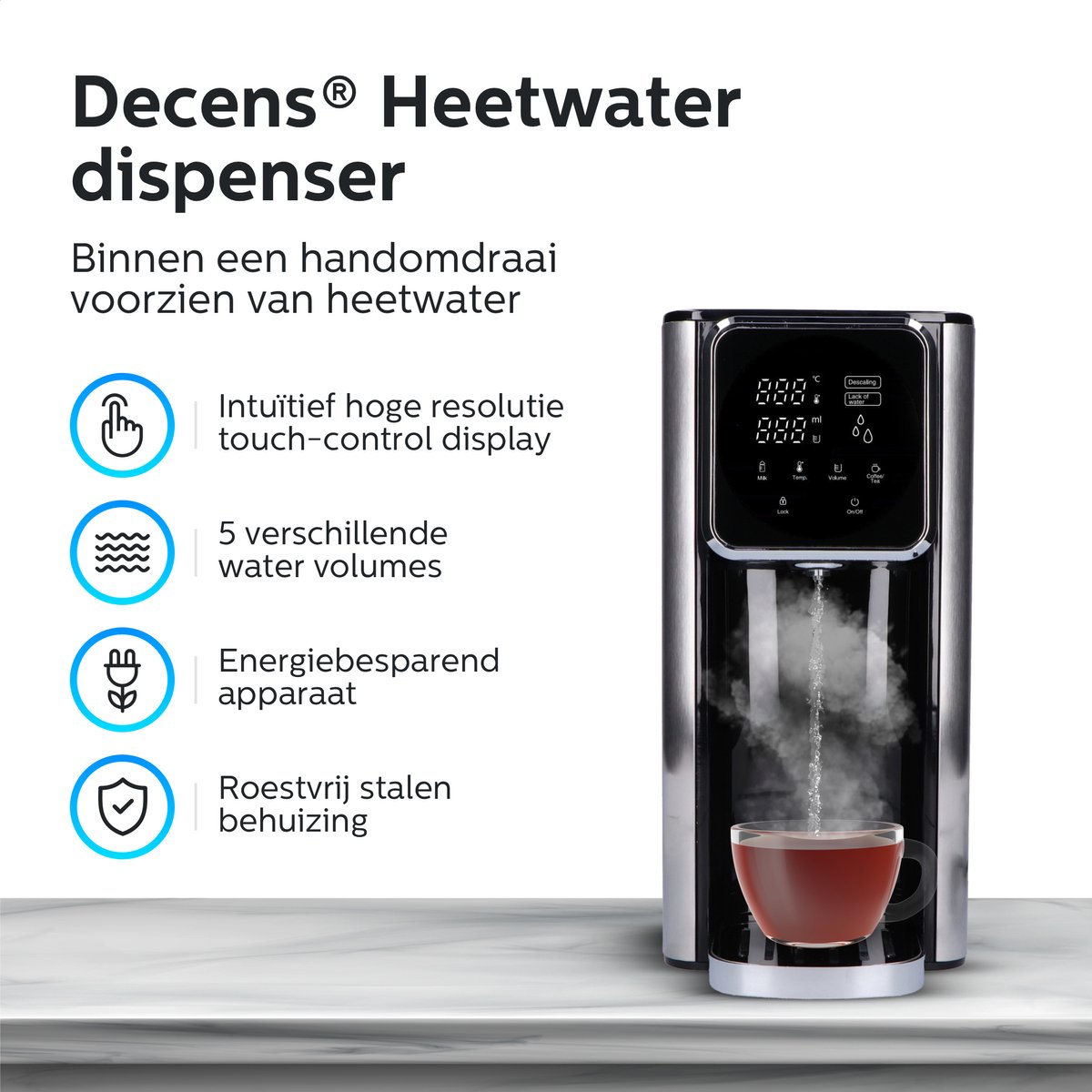 Decens Heetwater dispenser - Heetwatertap - instant waterkoker - Warmwaterdispenser - 6 Temperatuur Opties - Incl. Waterfilter - Touchscreen - RVS
