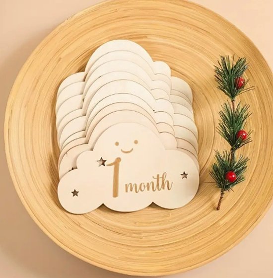 14 Houten Mijlpaalkaarten Baby - Babyshower cadeau - Kraamcadeau Jongen en meisje - milestone cards/ wolk van Pardazz — afbeelding 4