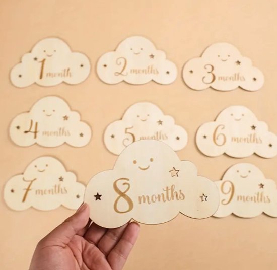 14 Houten Mijlpaalkaarten Baby - Babyshower cadeau - Kraamcadeau Jongen en meisje - milestone cards/ wolk van Pardazz — afbeelding 3