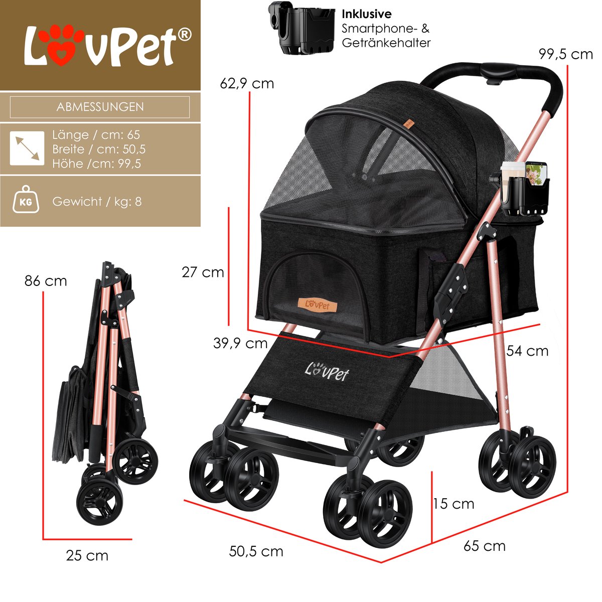 LOVPET® Hondenbuggy 2in1 Huisdieren Wandelwagen Buggy met Transporttas Opvouwbaar tot 20 kg Hondenwandelwagen met Gaasramen & Regenhoes Jogger Kattenbuggy voor Kleine Honden Katten Hondenbox - Zwart – foto 4