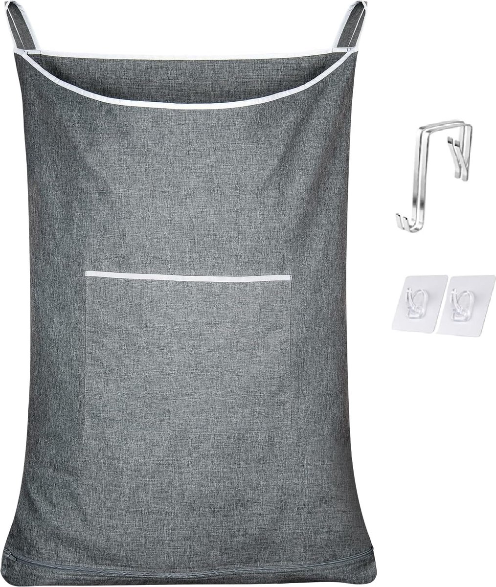 Goedkoopste Wasmand voor boven de deur, waszak om op te hangen, mand voor badkamer, kast, ruimtebesparende opslag, hangend met 2 roestvrijstalen haken en 2 stuks zuignappen, 89 x 56 cm, grijs