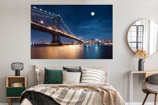 Affiche Moonlight over the Manhattan bridge 180x120 cm - Tirage photo sur Poster (décoration murale salon / chambre) / Affiche Villes XXL / Groot format!
