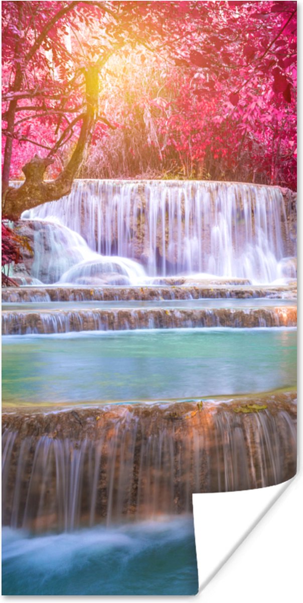 Poster Waterval - Regenboog - Bomen - Roze - Natuur - 40x80 cm