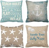 Set de 4 taies d'oreiller 40 x 40 cm - Plage - Étoile de mer - Mots - Règles - Vacances d'été - Ancre nautique - Taupe - Housse décorative - Décoration d'intérieur - Taie d'oreiller carrée 40 x 16 pouces