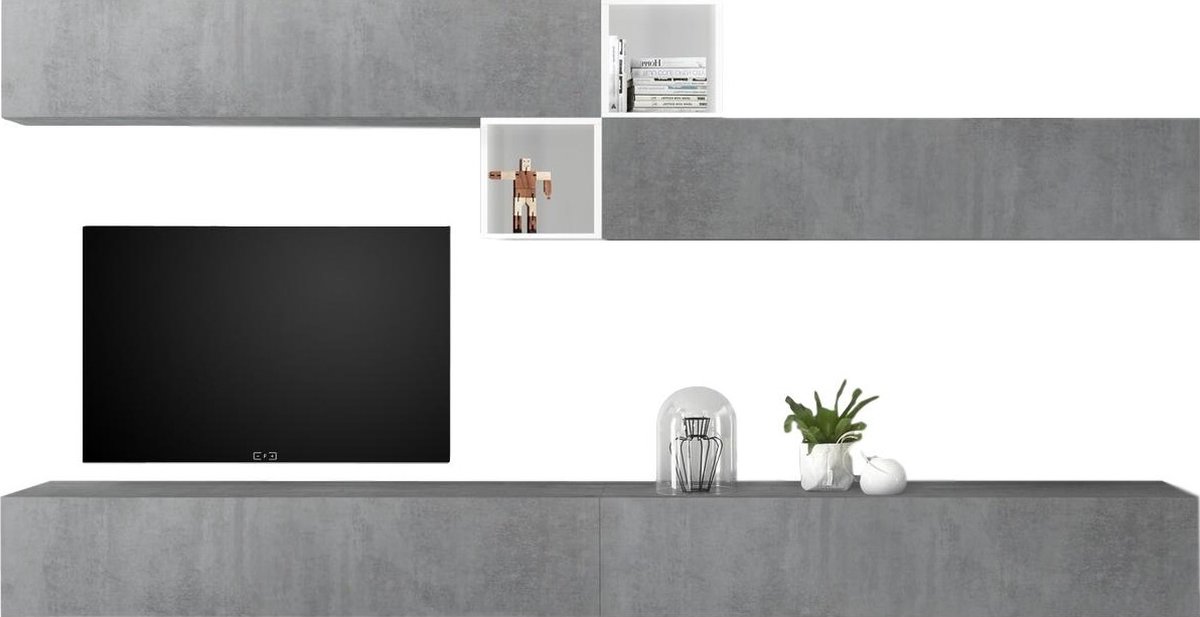 TV-wandmeubel Anya in hoogglans wit met grijs beton