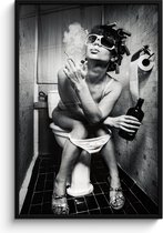 Cadre photo avec affiche - Décoration de chambre esthétique - Femme - Vintage - Bigoudis - Toilettes - Cigarette - Zwart et blanc - 80x120 cm - Cadre pour affiche
