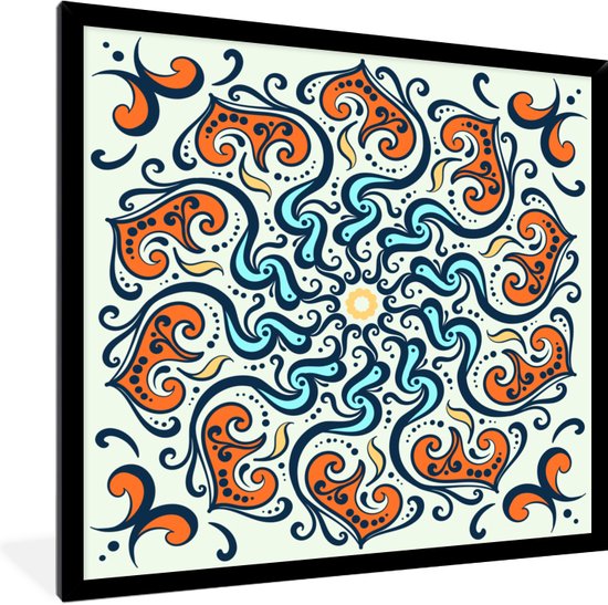 Fotolijst incl. Poster - Mandala - Oranje - Blauw - Patronen - 40x40 cm - Posterlijst