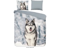 Good Morning dekbedovertrek husky hond - Lits jumeaux 240x200/220 cm - Grijs - 100% Katoen flanel