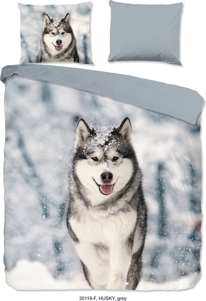 Good Morning dekbedovertrek husky hond - Lits jumeaux 240x200/220 cm - Grijs - 100% Katoen flanel