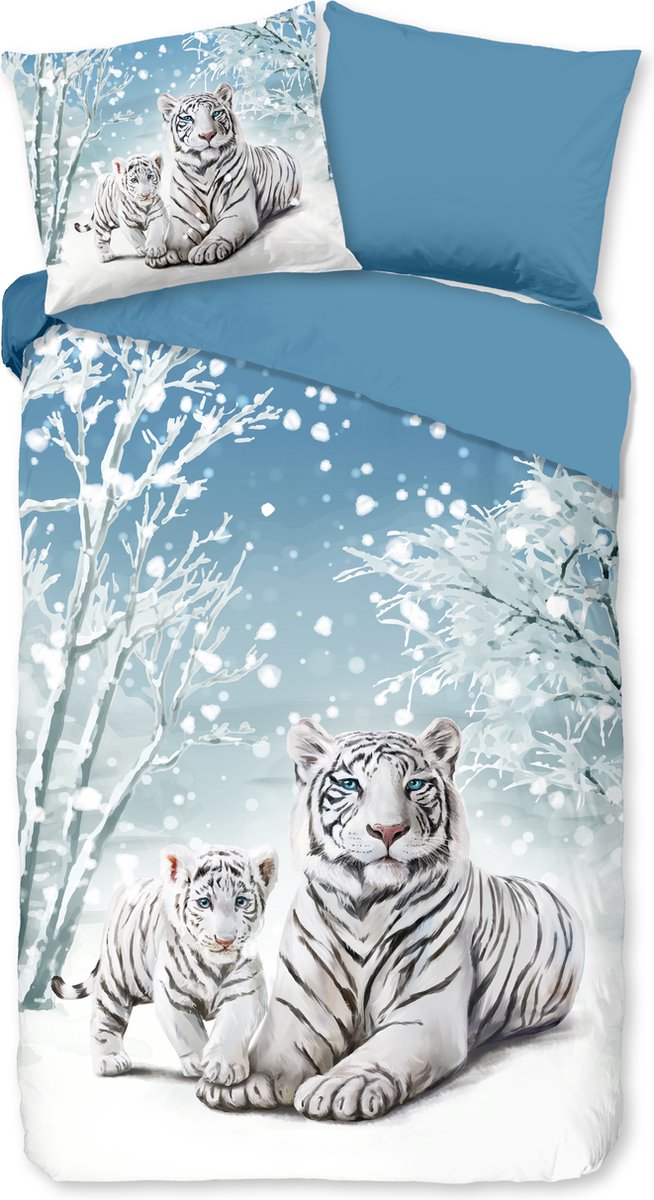 Good Morning dekbedovertrek witte tijger in winterthema - Blauw - 100% Katoen flanel Blue