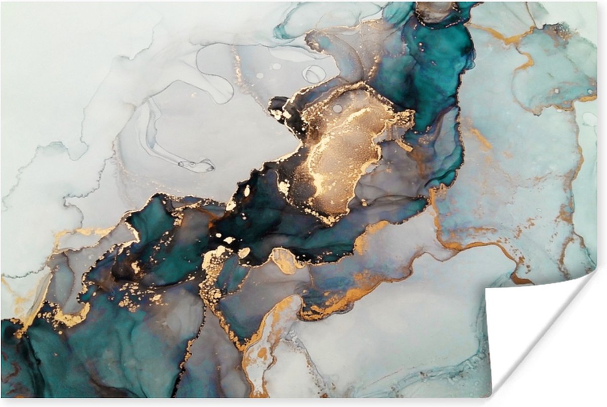 Poster Marmer print - Goud - Blauw - 30x20 cm