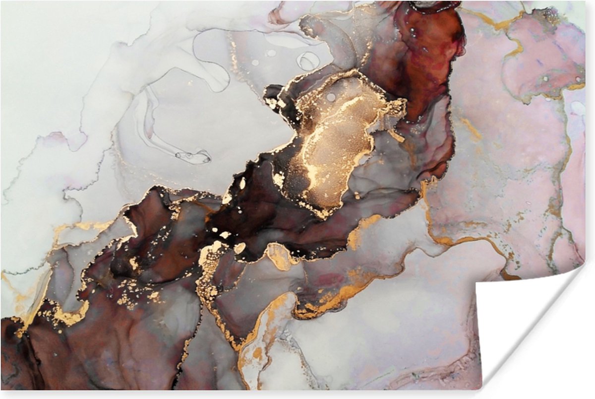 Poster Rood - Marmer - Goud - 120x80 cm