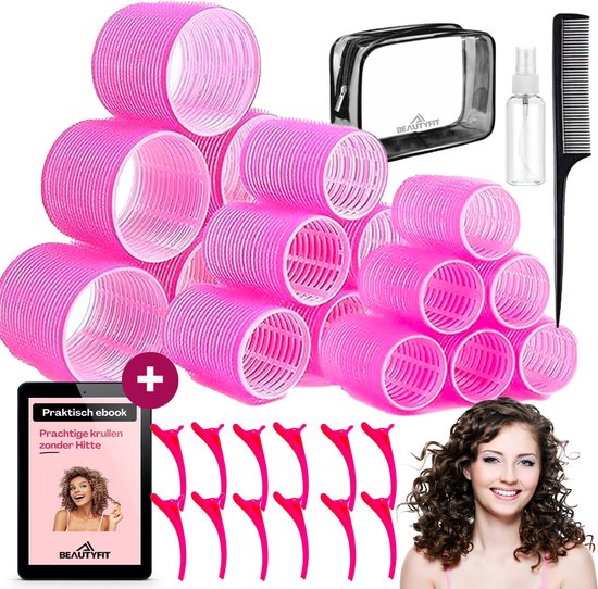 BeautyFit® - Heatless Haarkruller 39 delig roze + Opbergtas - Inclusief E-book - Mist sprayer - Haarkam - Satijnen Haarkruller - Haarrollers - Krulspelden - Krulset - Krulspelden Rollers - Heatless Curling Ribbon