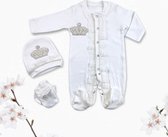 Baby royal boxpakje Diamanten en Parel Kroontje 3-delig - maat 62 - wit - baby jongen en meisje - babykleertjes - Kraamkado